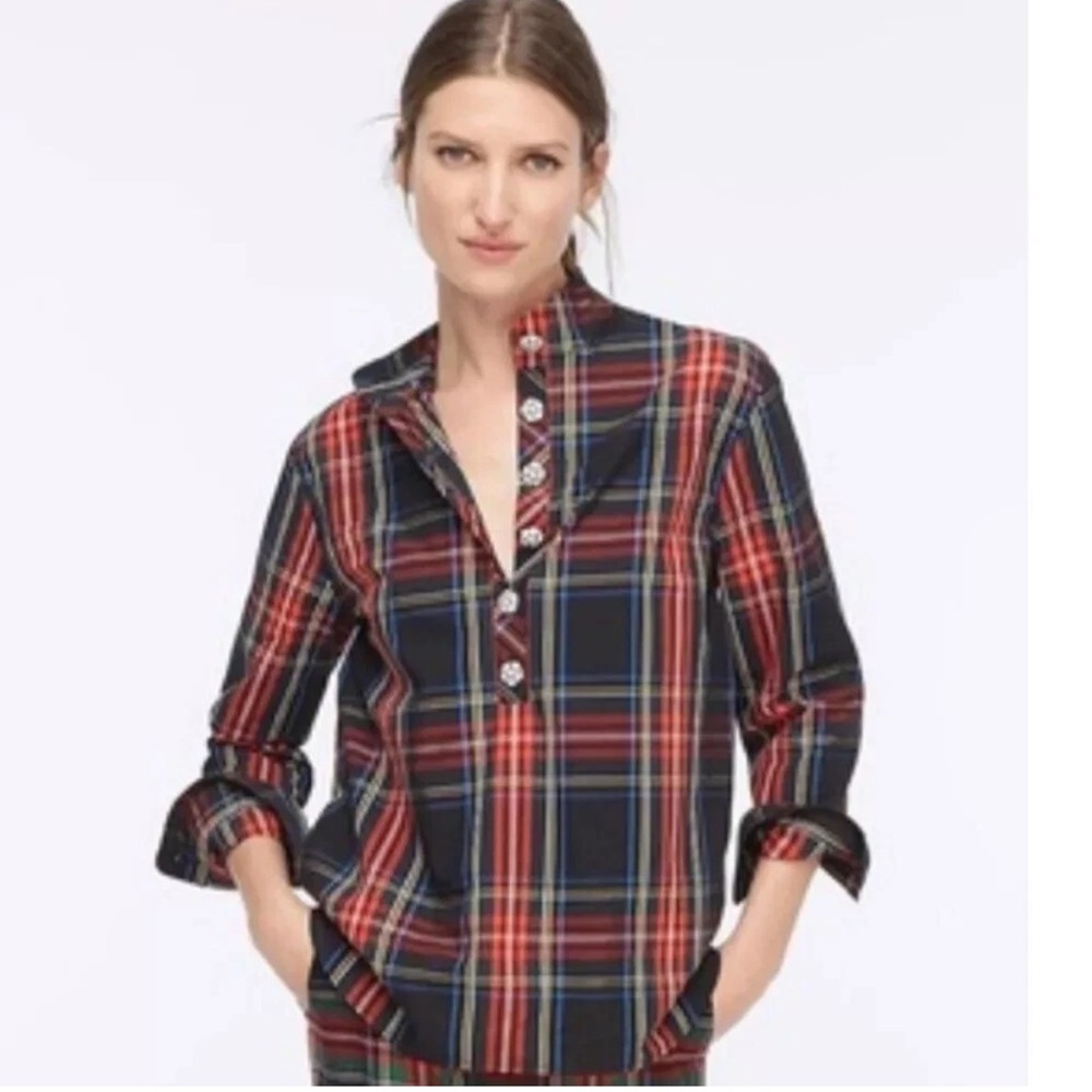 J. Crew Stewart Plaid Cotton Poplin Jeweled Popover Tunic Top Size Small